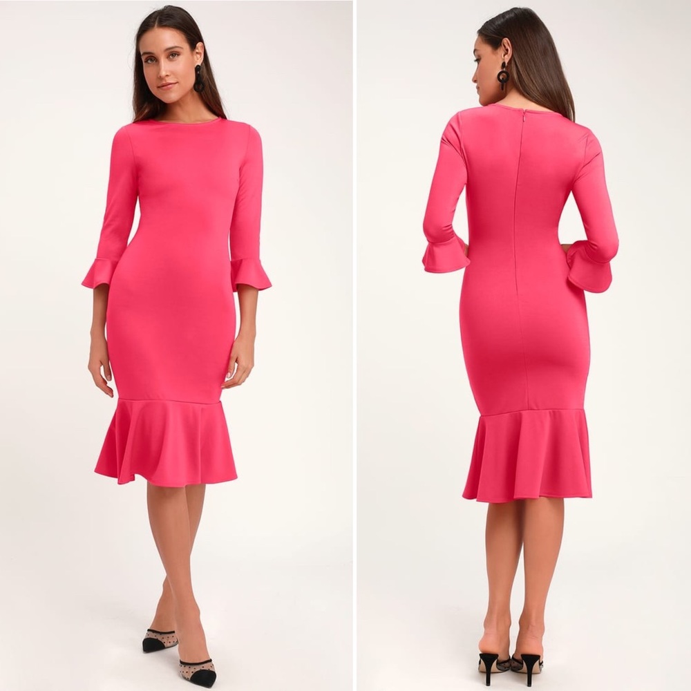 LULU*S Pink Trumpet Hem Bodycon Midi Dress